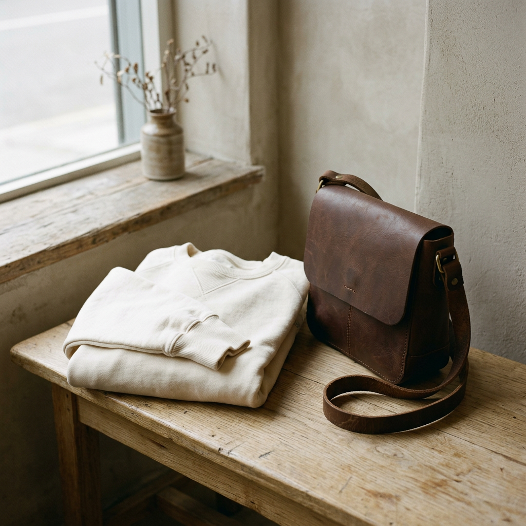 Folded cream sweatshirt and brown shoulder bag beside a window.